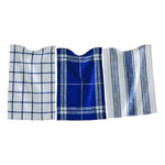 One blue and white stripe, one blue and white checkered, and one blue and white plaid check