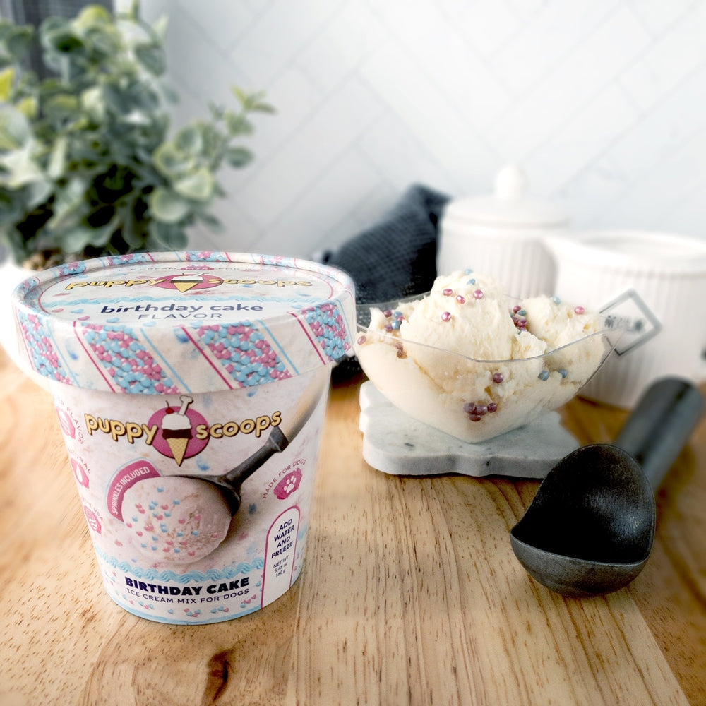 Puppy Cake Scoops Birthday Cake Ice Cream Mix with Pupfetti and picure o the ce cram mied\