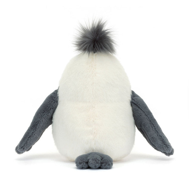 Plush toy sea gull with gray wings and a white body on a white background - back