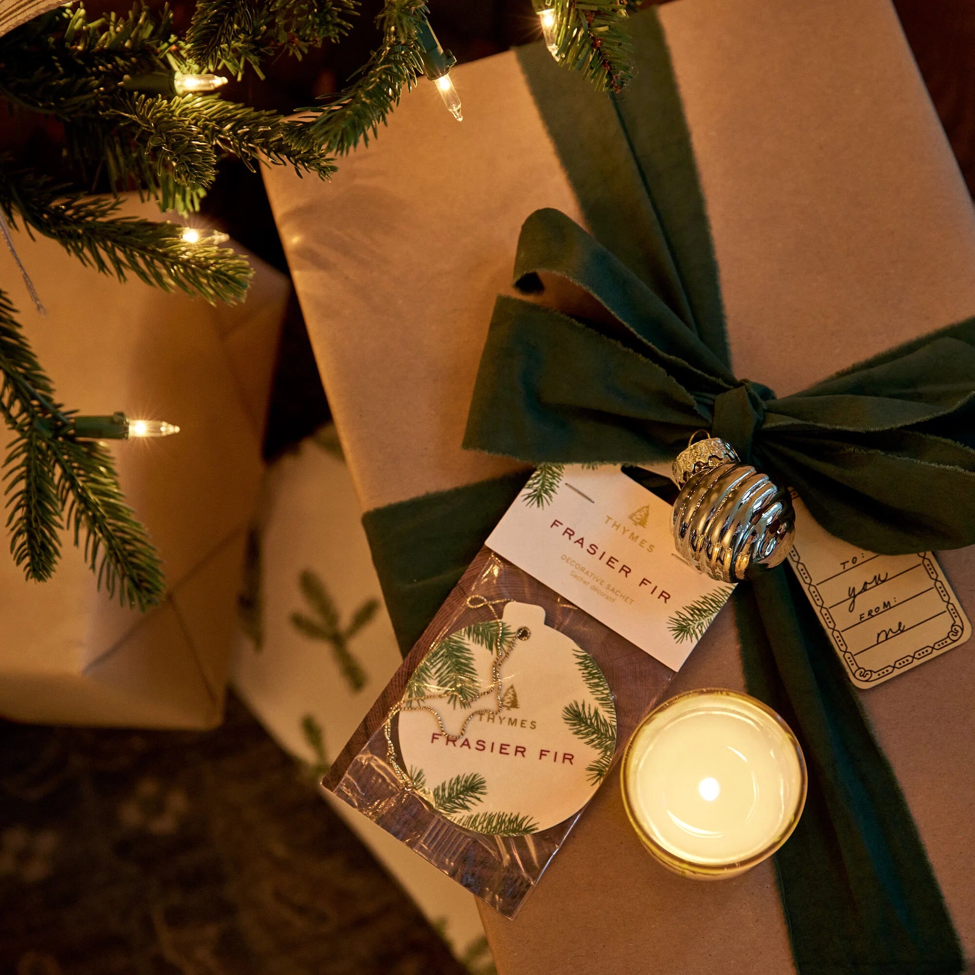 Thymes Frasier Fir Decorative Sachet in packaging as gift