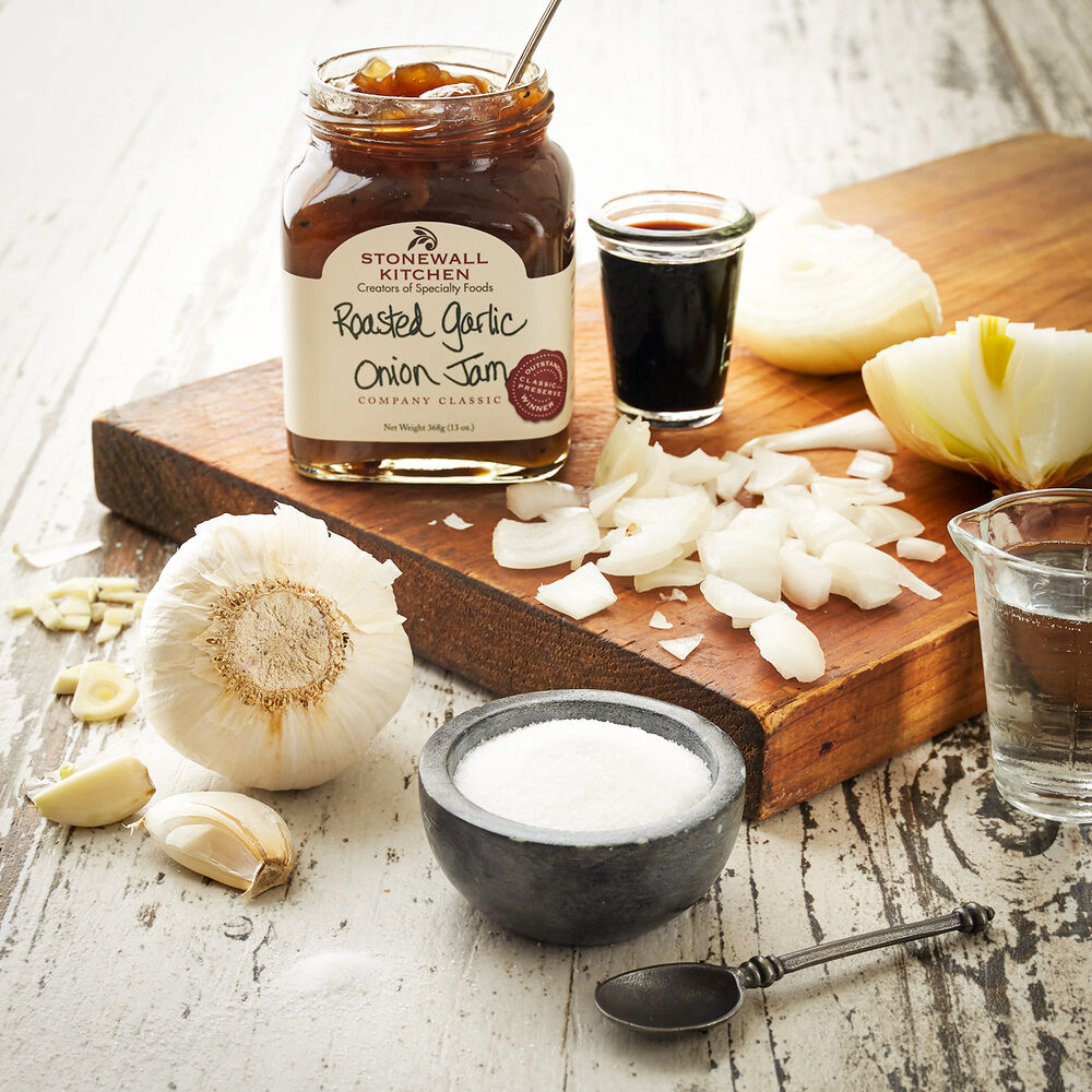 Garlic and Onion Jam with garlic bulb, onion, salt on cutting board