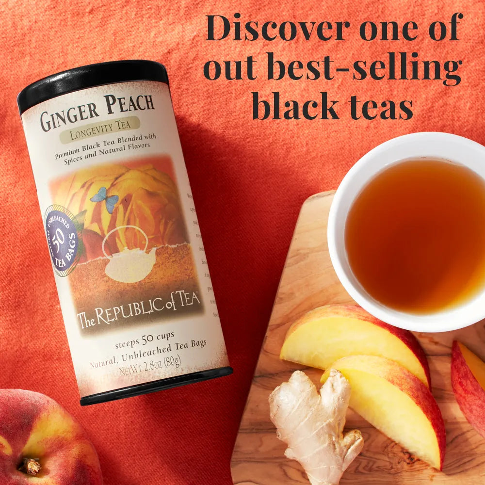Discover one of our best selling black teas, Picture Republic of Tea Ginger Peach Tea Can and a cup of tea with ginger and peach slices