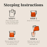 Steeping Instructions place one pouch with 2 cups of boiling water in a heat safe pitcher, steep for 3-5 minutes, remove pouch then stir in one heaping cup of ice until ice melts, add one more cup of water and serve over more ice