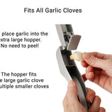 Zyliss Susi 3 Garlic Press- Caption reads, "Fits All Garlic Cloves-just place garlic into the extra large hopper. No need to peel! The hopper fits one large garlic clove or multiple smaller cloves."