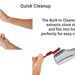 Zyliss Susi 3 Garlic Press- caption reads, " Quick Cleanup-The built-in cleaning tool extracts clove skins and fits into holes perfectly for easy cleaning."