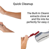 Zyliss Susi 3 Garlic Press- caption reads, " Quick Cleanup-The built-in cleaning tool extracts clove skins and fits into holes perfectly for easy cleaning."
