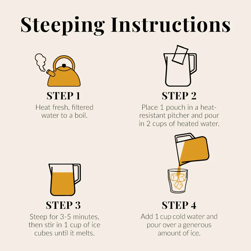 Steeping Instructions: heat fresh filtered water to boil place one pouch in a heat safe pitcher and pour two cups of heated water, steep for 3-5 minutes and then stire in one cup of ice cubes until it melts, Add one cup or cold water and pour over a generous amount of ice