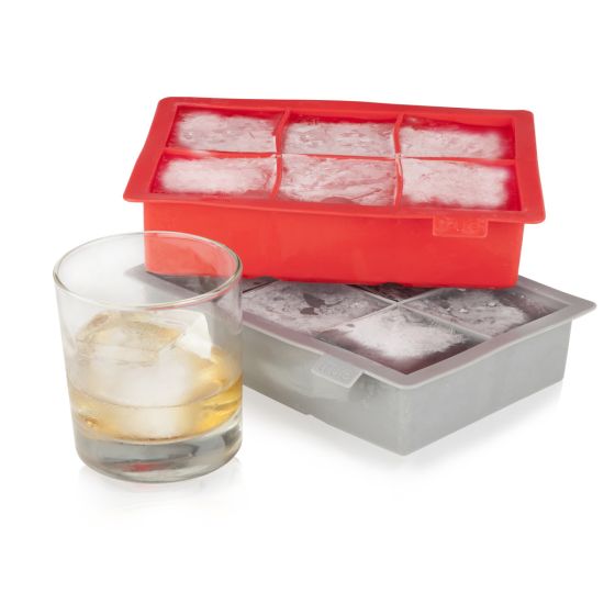 True Colossal Ice Cube Trays in red and gray with a drink