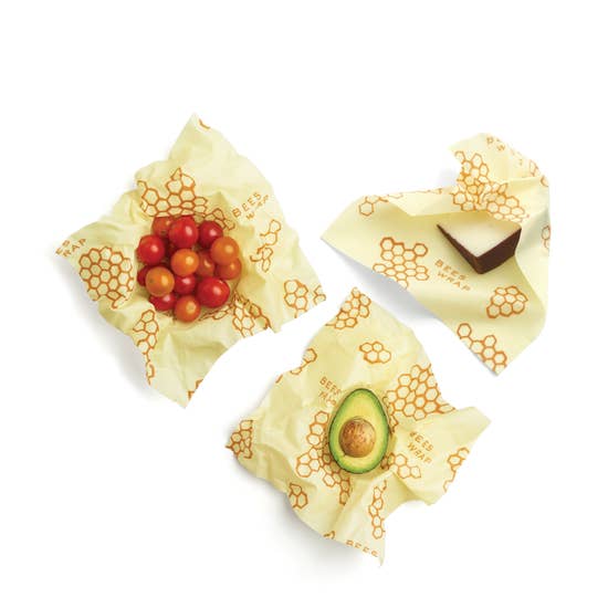 Bees Wrap Large Set/3 with tomatoes, cheese, and avocado wrapped in package