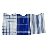 One blue and white stripe, one blue and white checkered, and one blue and white plaid check