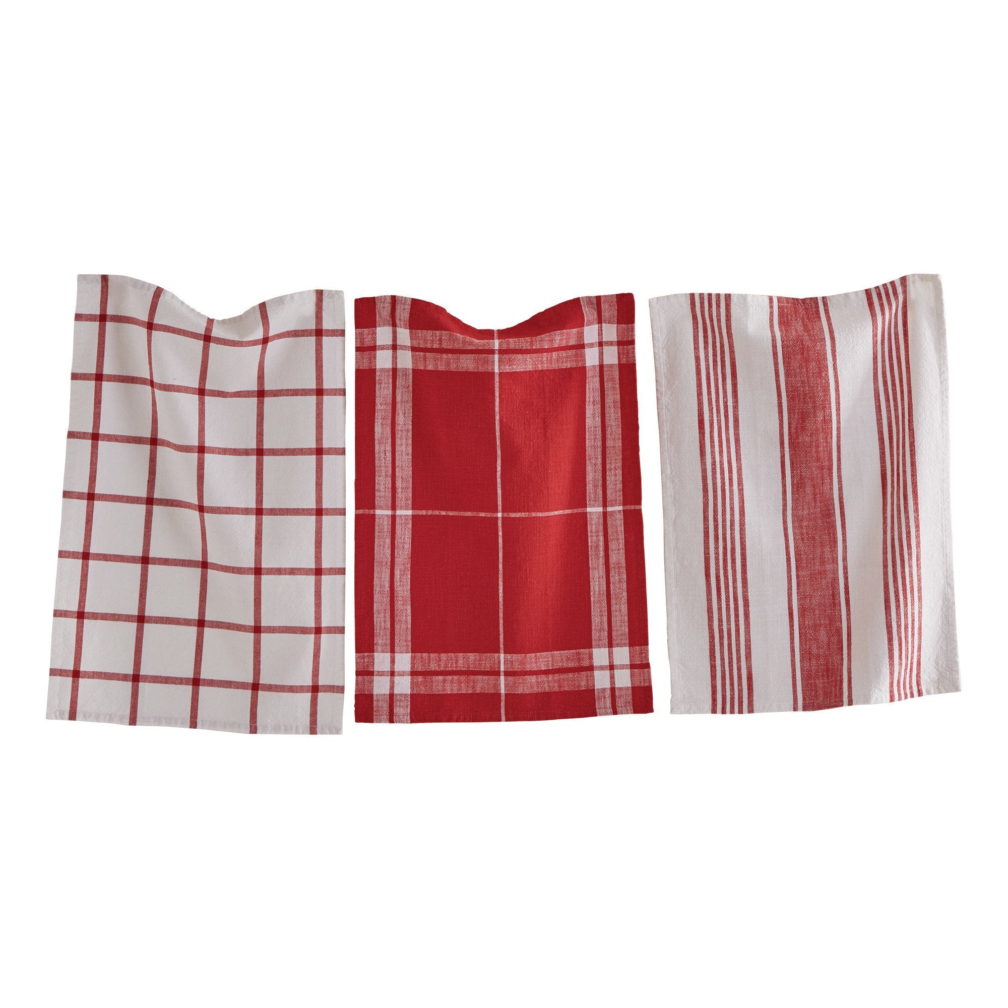 One Red and white stripe, one red and white checkered, and one red and white plaid check