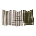 One grey and white stripe, one grey and white checkered, and one grey and white plaid check