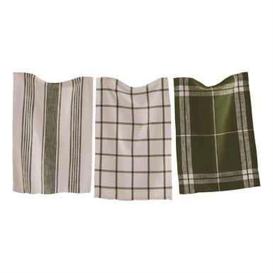 One grey and white stripe, one grey and white checkered, and one grey and white plaid check