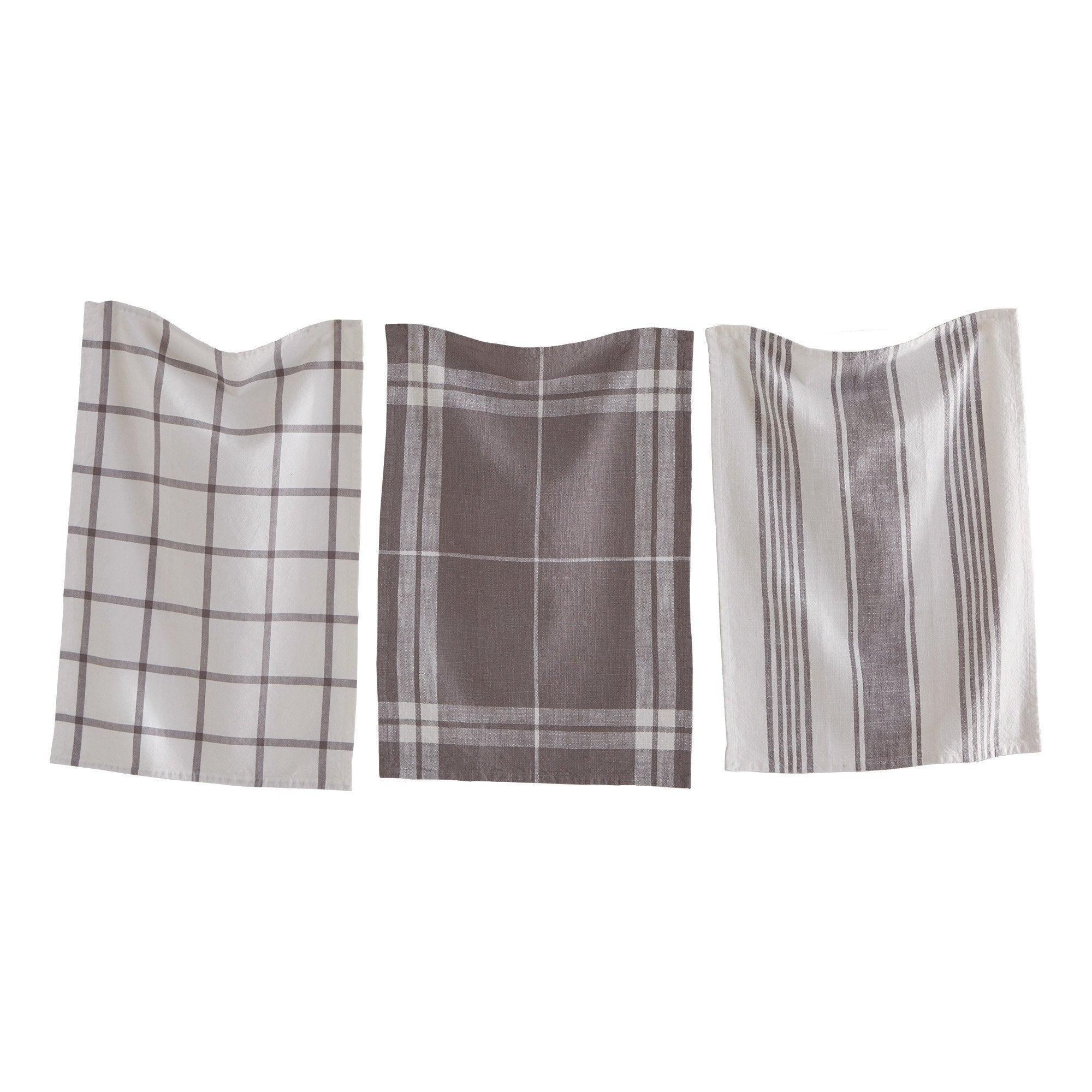 One grey and white stripe, onegrey and white checkered, and one grey and white plaid check