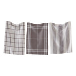 One grey and white stripe, one grey and white checkered, and one grey and white plaid check