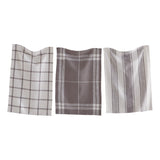 One grey and white stripe, one grey and white checkered, and one grey and white plaid check