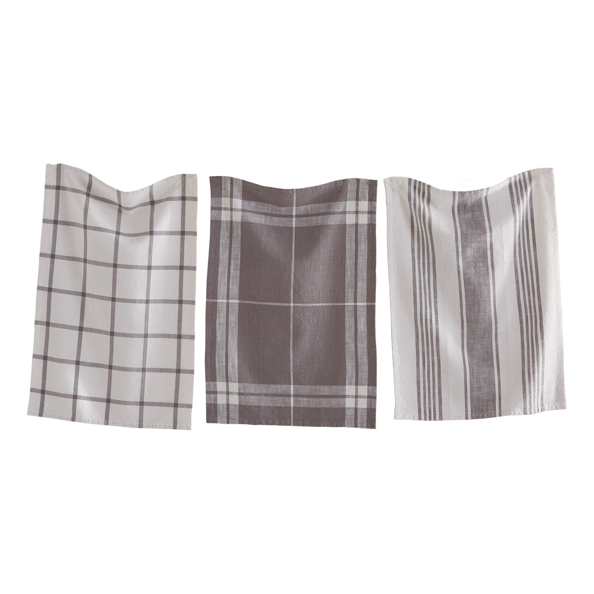 One grey and white stripe, one grey and white checkered, and one grey and white plaid check