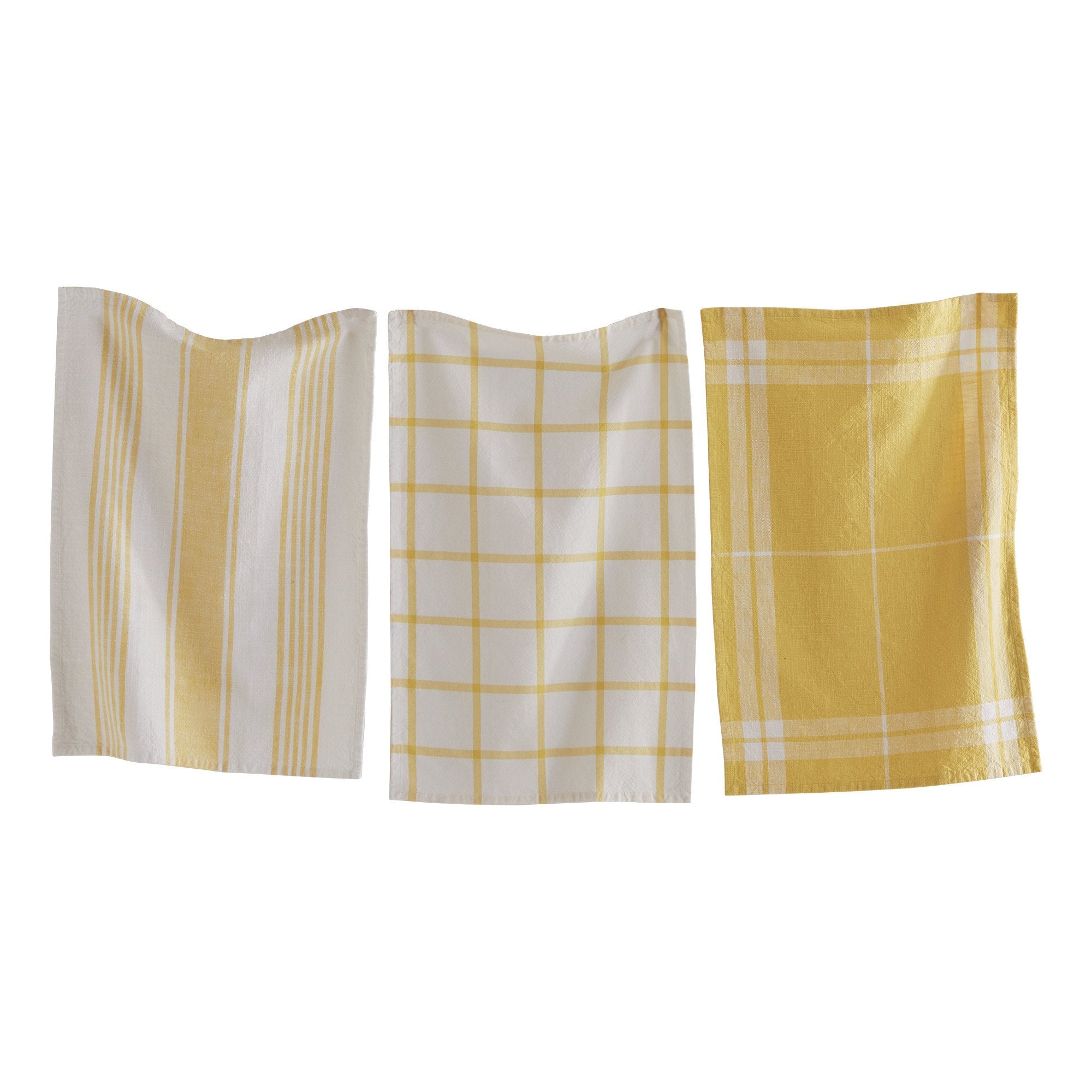 One yellow and white stripe, one yellow and white checkered, and one yellow and white plaid check