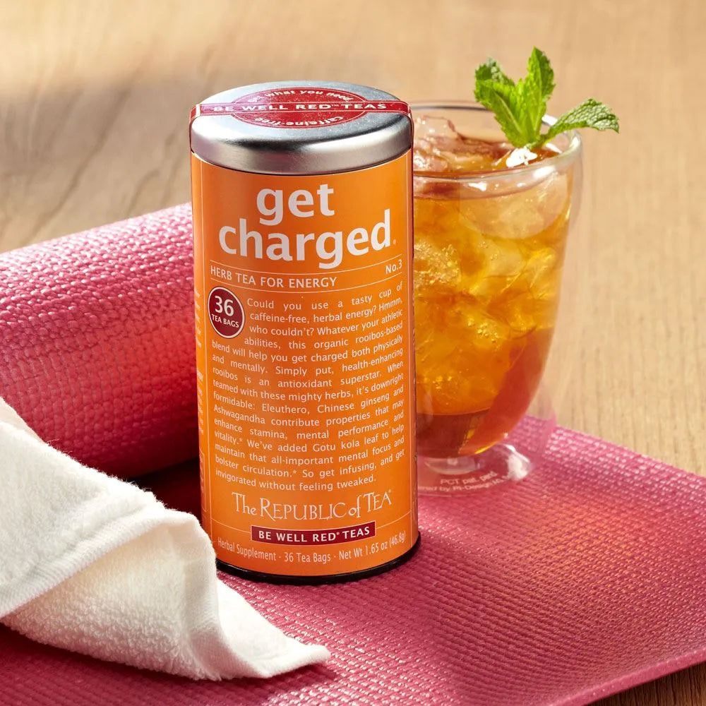 Picture Republic of Tea Get Charged Tea Can and a cup of Get Charged Ice Tea