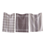 One grey and white stripe, one grey and white checkered, and one grey and white plaid check