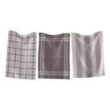 One grey and white stripe, one grey and white checkered, and one grey and white plaid check