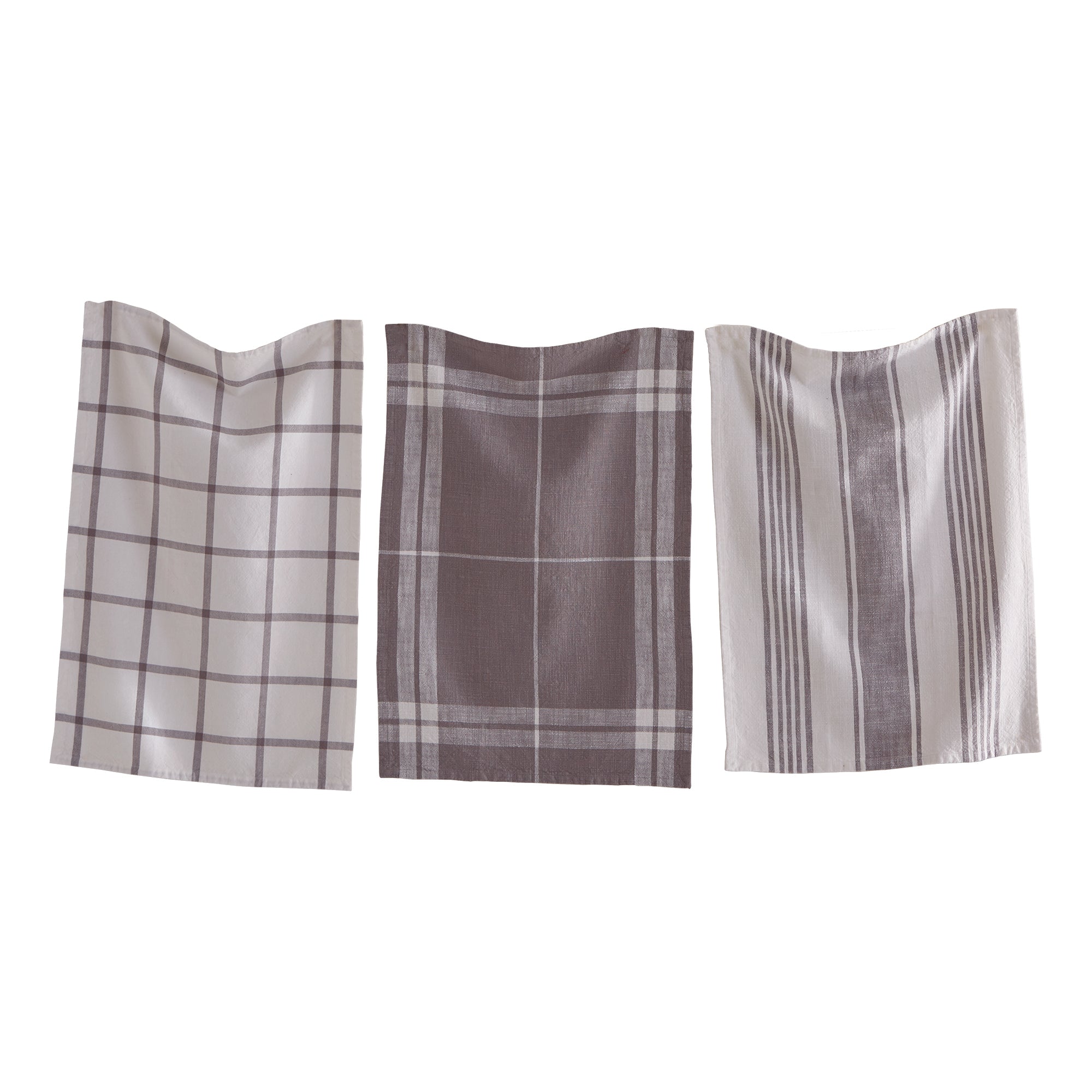 One grey and white stripe, one grey and white checkered, and one grey and white plaid check