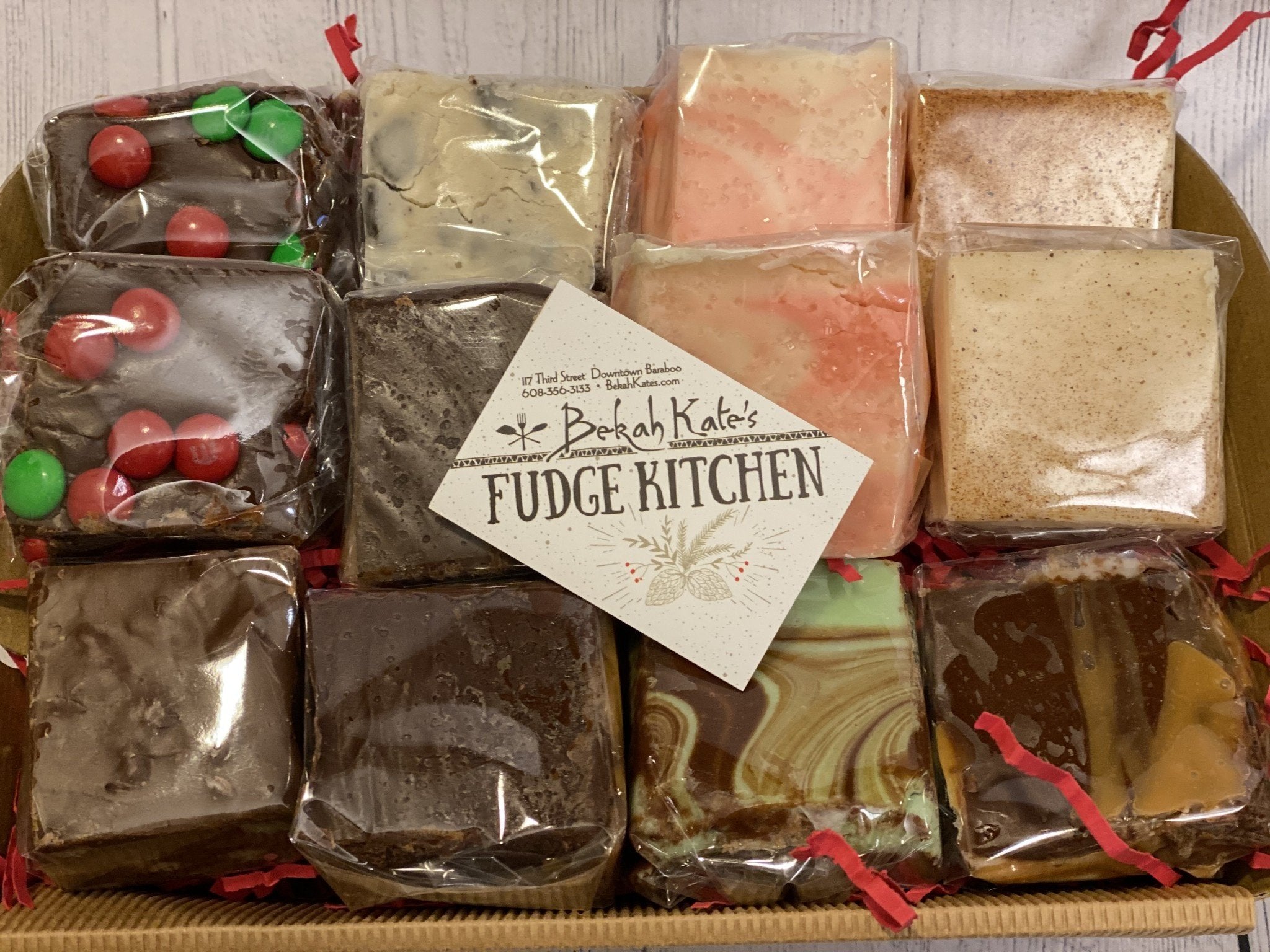 Bekah Kate's Fudge Kitchen Fudge with flavors:  M & M, Eggnog, Peppermint, Dark Chocolate Sea Salt Caramel, Mint, Chocolate Walnut, Oreo and Snickers