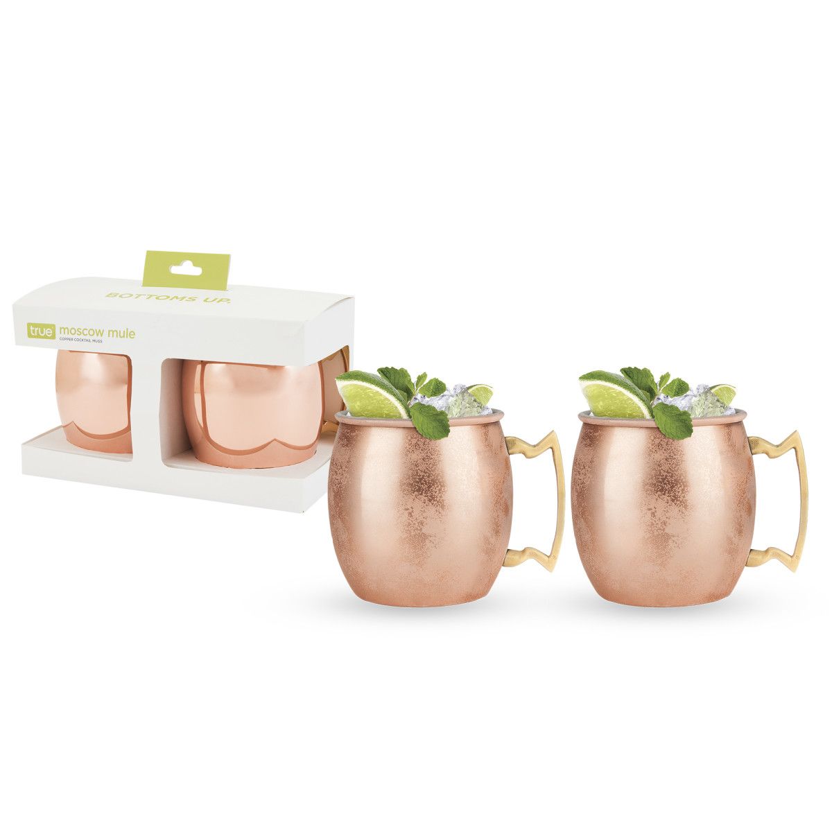 True Moscow Mule Copper Cocktail Mug 2 Pack mugs alone and in packaging