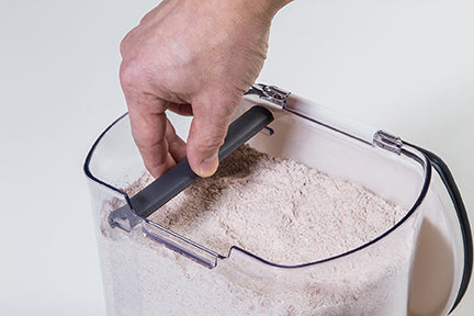 Progressive Flour keeper + with view of magnetic, removable leveler