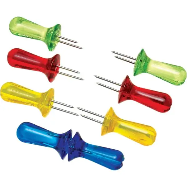 Zyliss Corn Holders- green, red, yellow, and blue. Showes close up of prongs and how you can put them together.