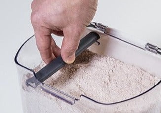 Progressive Flour keeper + with view of magnetic, removable leveler
