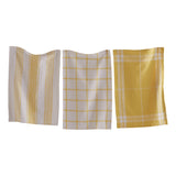 One yellow and white stripe, one yellow and white checkered, and one yellow and white plaid check