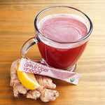 Picture of ginger, lemon slice, packet of apple cider vinegar, and a cup of tea
