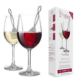 The Wand™ in a glass of red wine and a glass of white wine. Also pictured is the packaging it comes in.