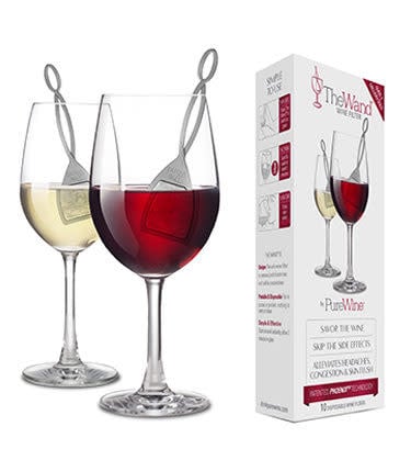 The Wand™ in a glass of red wine and a glass of white wine. Also pictured is the packaging it comes in.