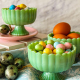 Tablecraft 8 oz Jadeite Sundae Dish filled with candy