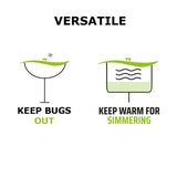 Charles Viancin Poppy Lid caption reads, "Versatile-Keep Bugs Out. Keep Warm for Simmering"
