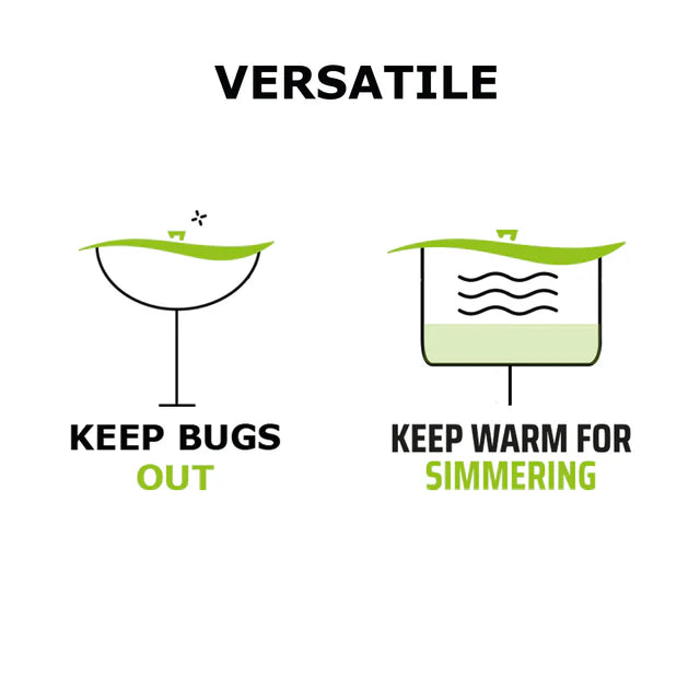 Charles Viancin Poppy Lid caption reads, "Versatile-Keep Bugs Out. Keep Warm for Simmering"