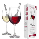 The Wand™ in a glass of red wine and a glass of white wine. Also pictured is the packaging it comes in.