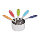 Measuring Cups with handles that are Orange, Red, Green, Light Blue, and Navy
