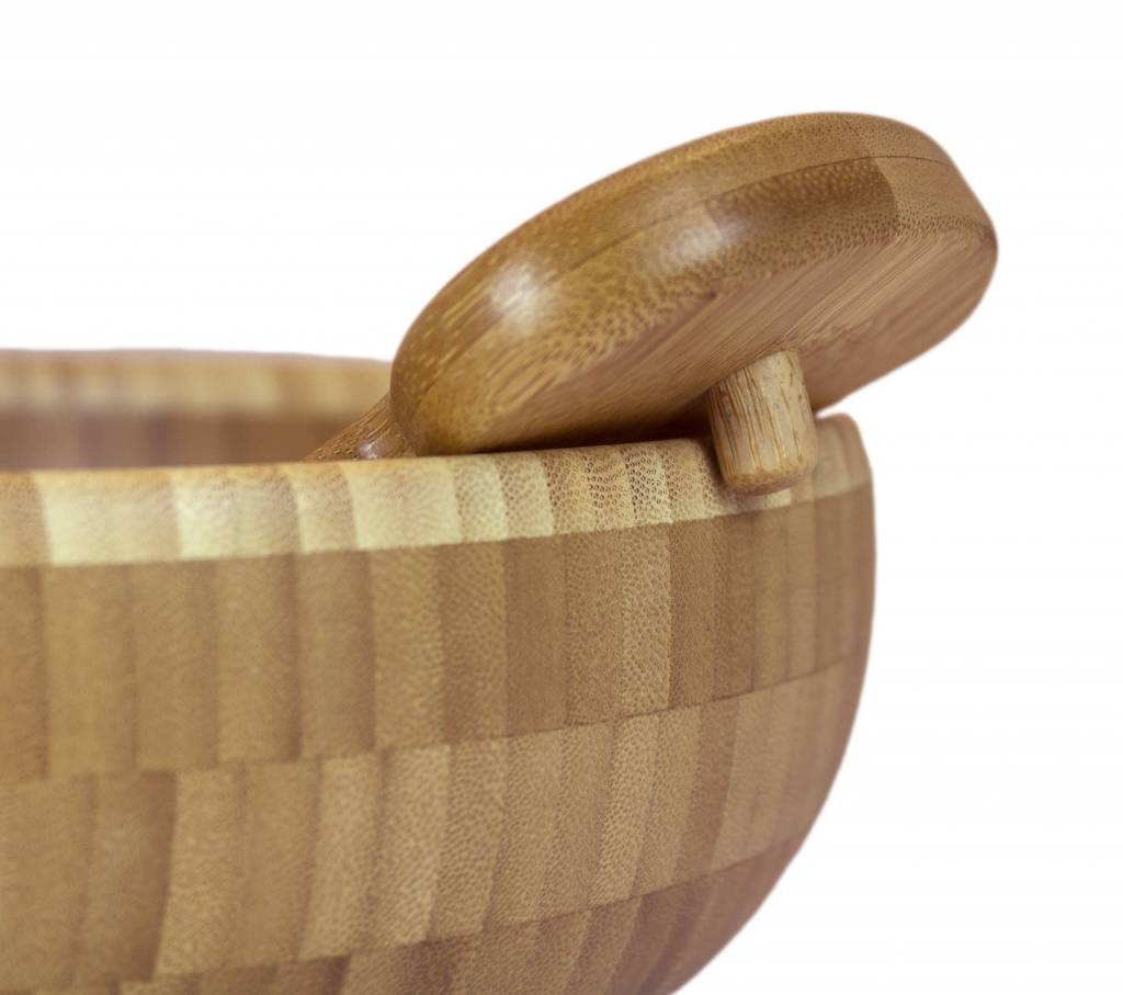 Totally Bamboo Salad Hands showing knob that lets it hang on side of the bowl