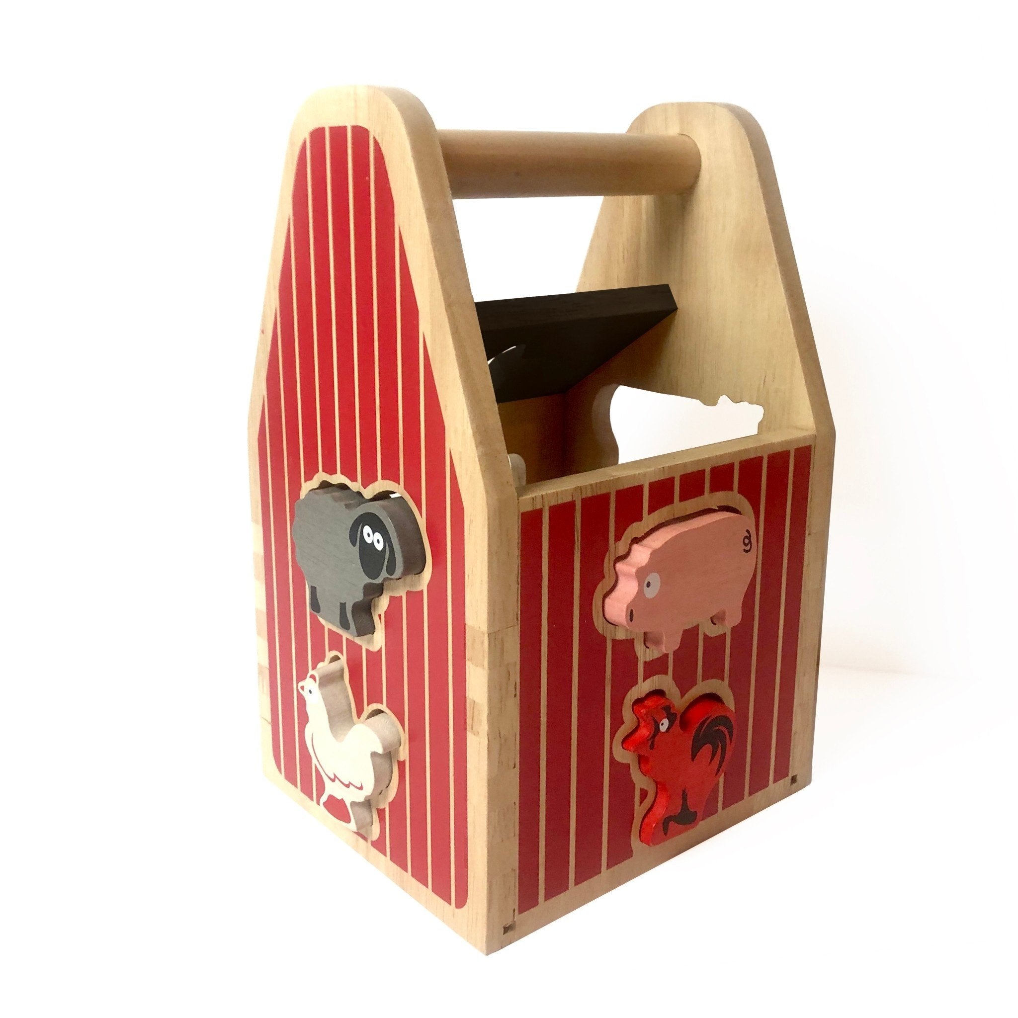 Side view of Begin Again Barnyard Shape Sorter with animals in the side