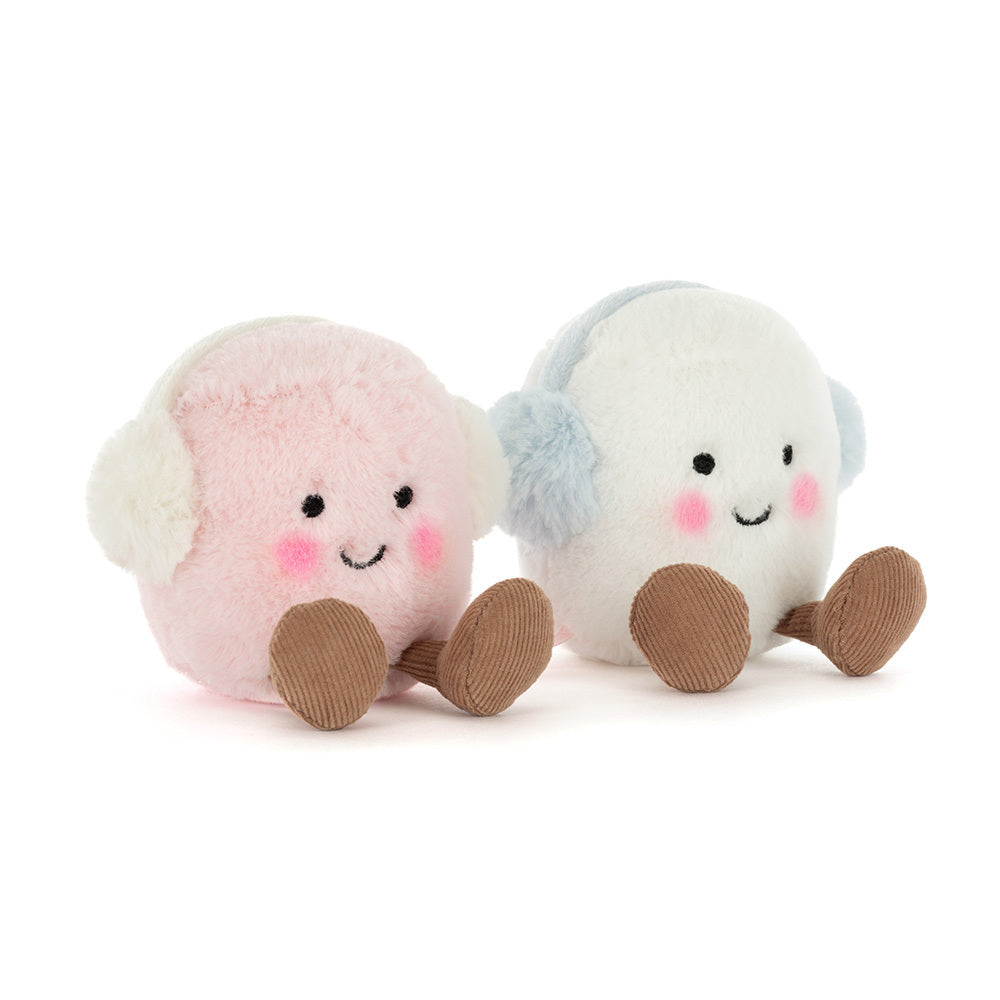 Two plush Marshmallows on a white background with ear muffs