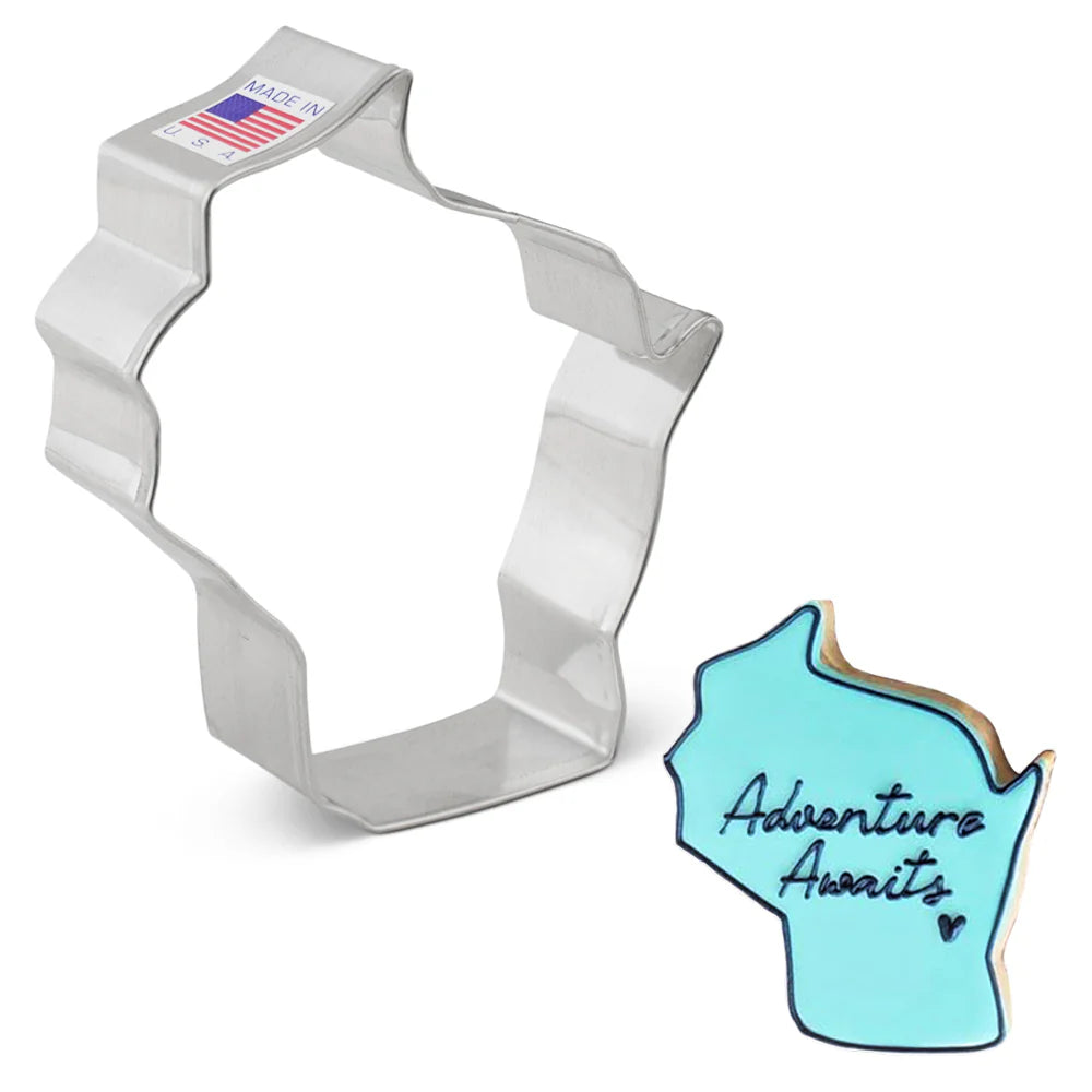 Ann Clark Cookie Cutter State of Wisconsin with cookie in the shape of Wisconsin