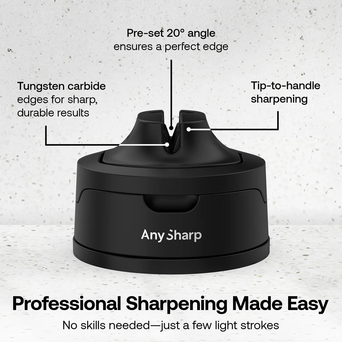 AnySharp Tugsten Carbide, pre-set 20 degree angle and tip to handle sharpening