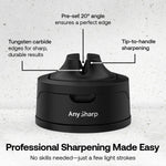 AnySharp Tugsten Carbide, pre-set 20 degree angle and tip to handle sharpening