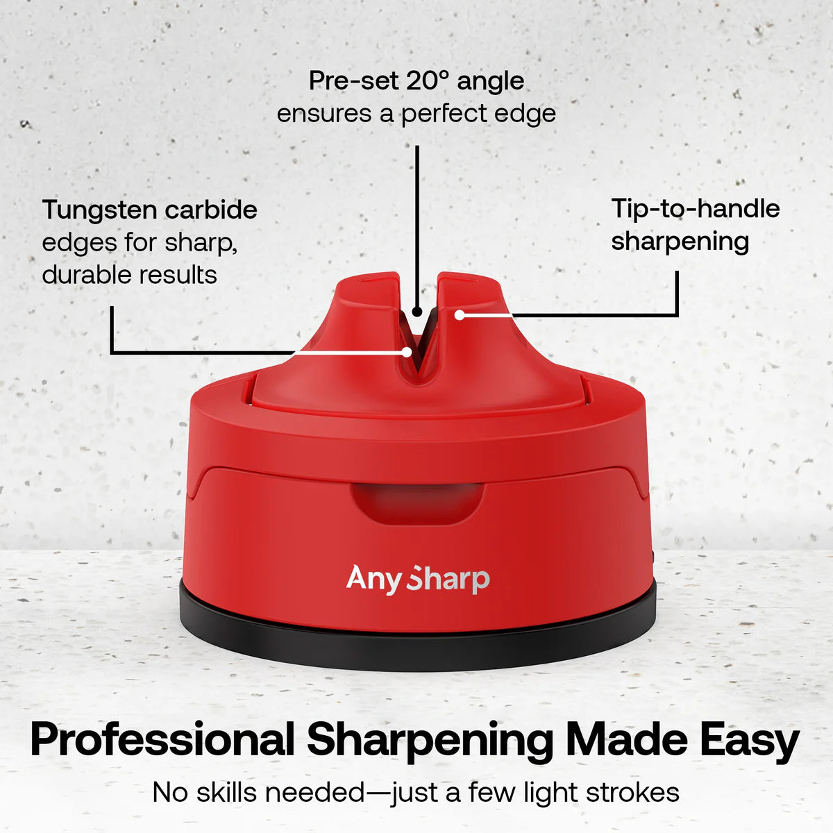 Red Any Sharp pre-set 20 degree angle, tungsten carbide, and tip to handle sharpening