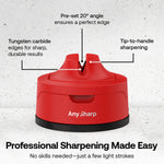 Red Any Sharp pre-set 20 degree angle, tungsten carbide, and tip to handle sharpening