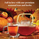 Fall in love with our premium seasonal teas and herbs, a pot of Apple Cider tea and a cup of apple cider tea