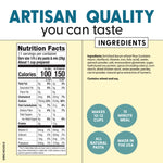 Nutrition facts and ingredients label for artisan pasta with key selling points highlighted.